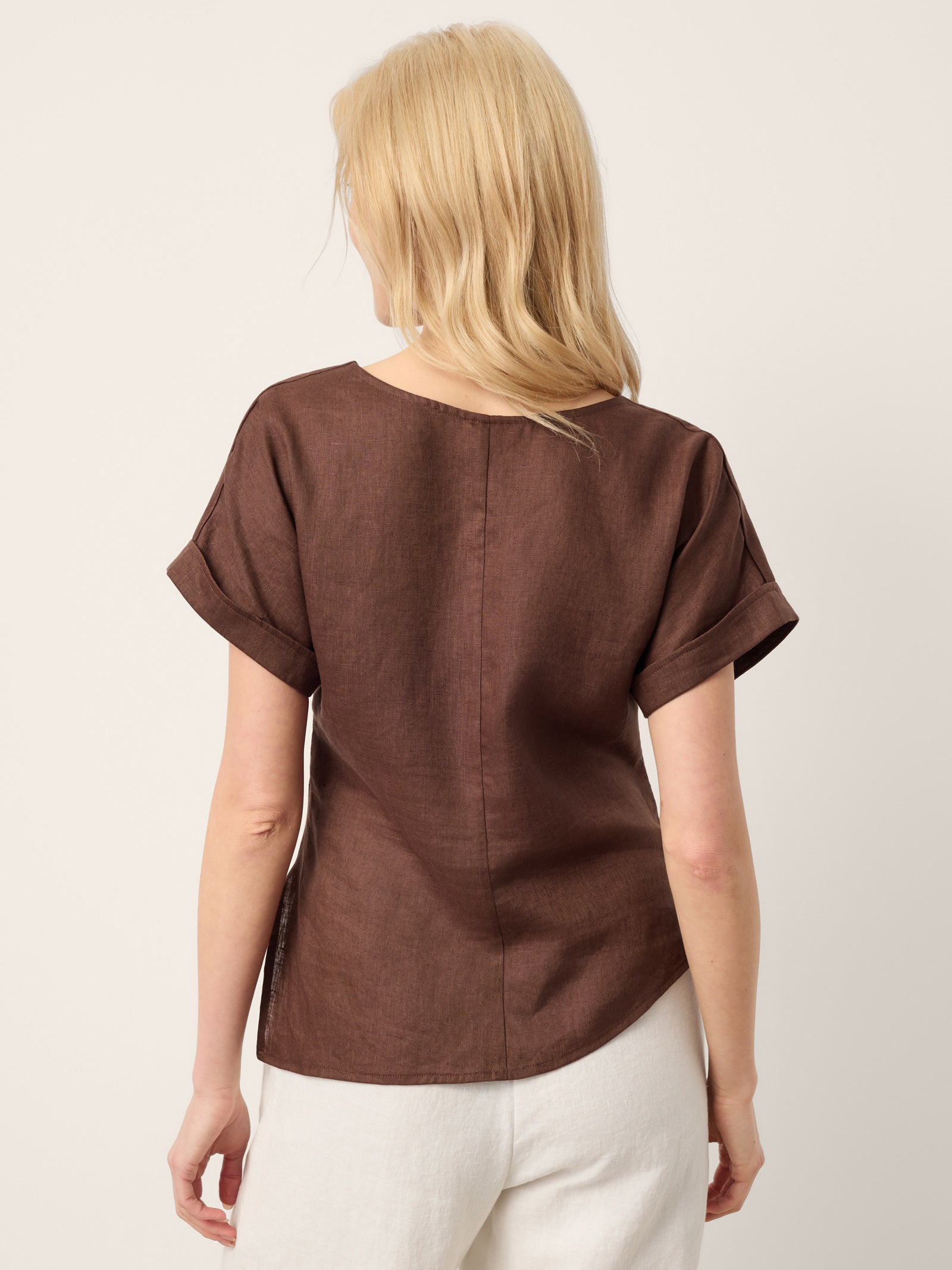100% Linen Asymmetric Hem Side Gathered Split-Neck Top MINERVA by LINTICO