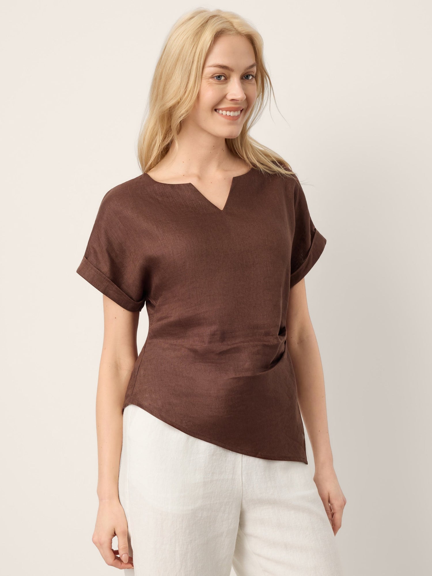 100% Linen Asymmetric Hem Side Gathered Split-Neck Top MINERVA by LINTICO