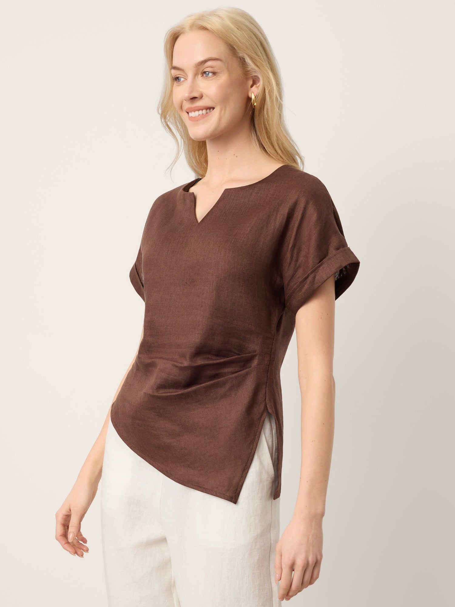 100% Linen Asymmetric Hem Side Gathered Split-Neck Top MINERVA by LINTICO