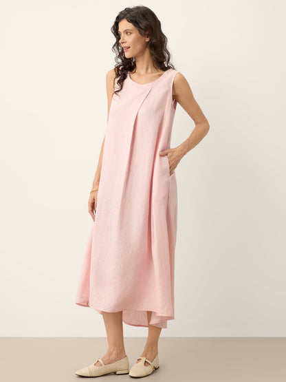 100% Linen Asymmetric Pleat A-Line Midi Dress KARINA by LINTICO