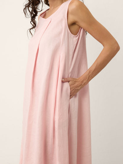 100% Linen Asymmetric Pleat A-Line Midi Dress KARINA by LINTICO