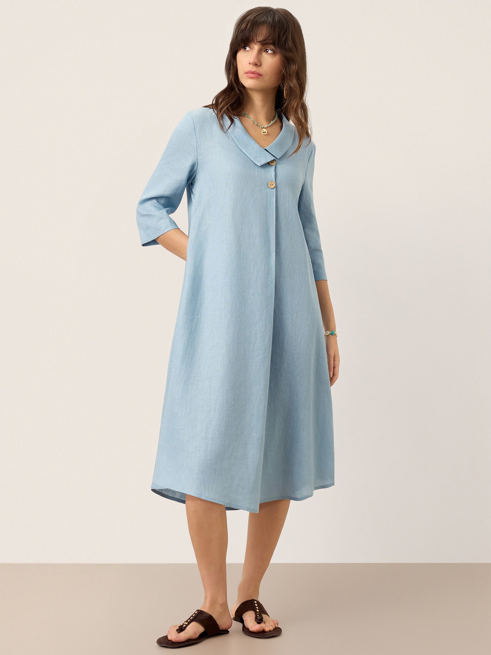 100% Linen Asymmetric Shawl Collar A-Line Midi Dress WINIFRED by LINTICO