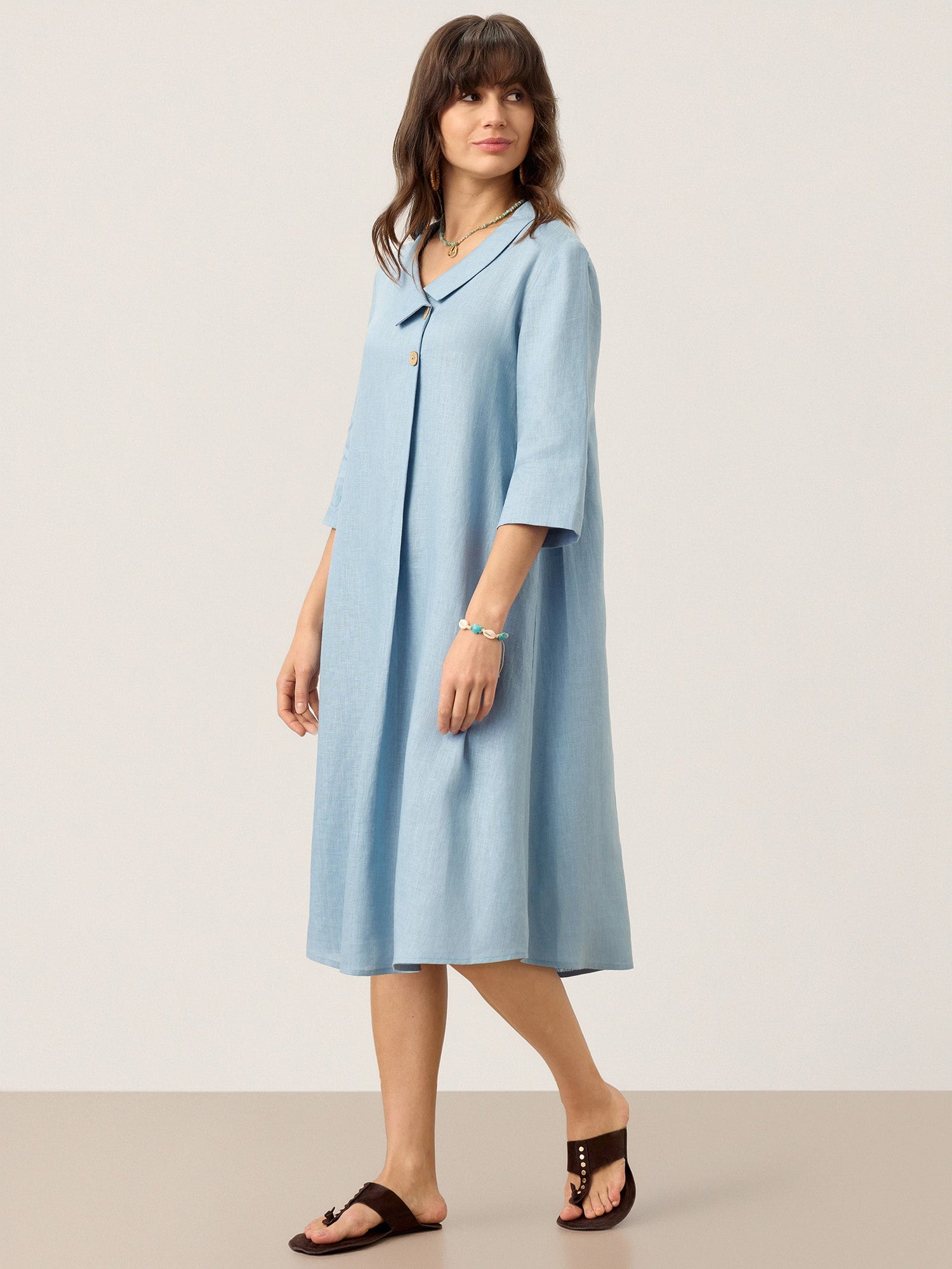 100% Linen Asymmetric Shawl Collar A-Line Midi Dress WINIFRED by LINTICO