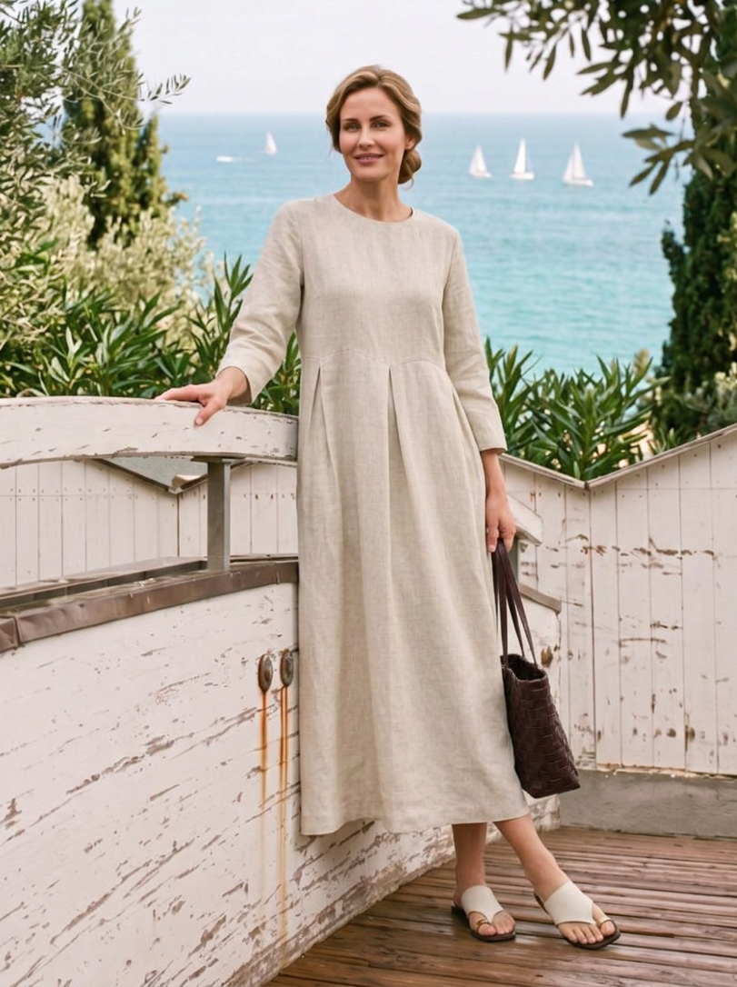 100% Linen Bateau Neck Pleated Midi Dress ABIGAIL  DestGlow