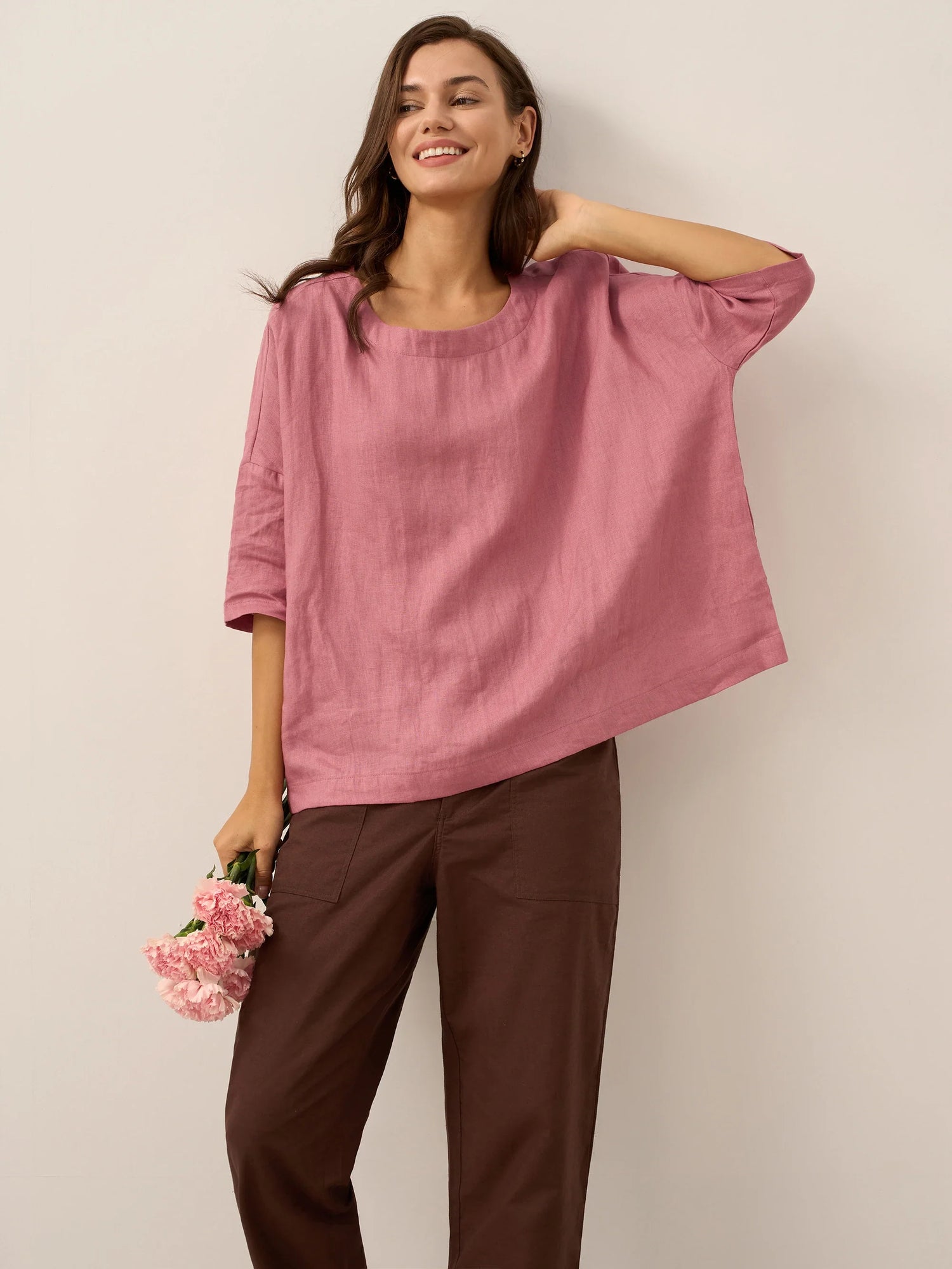 100% Linen Boatneck 3/4 Length Sleeve Top AURORA by LINTICO