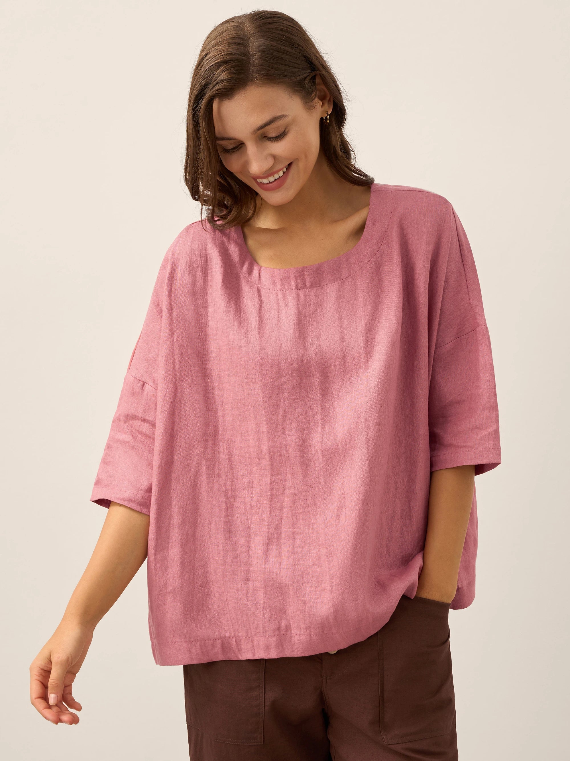 100% Linen Boatneck 3/4 Length Sleeve Top AURORA 