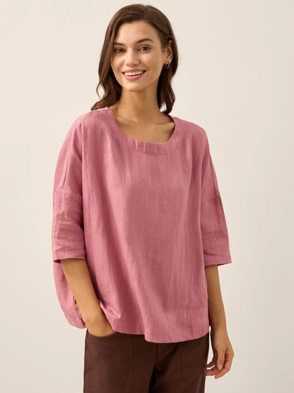 100% Linen Boatneck 3/4 Length Sleeve Top AURORA by LINTICO