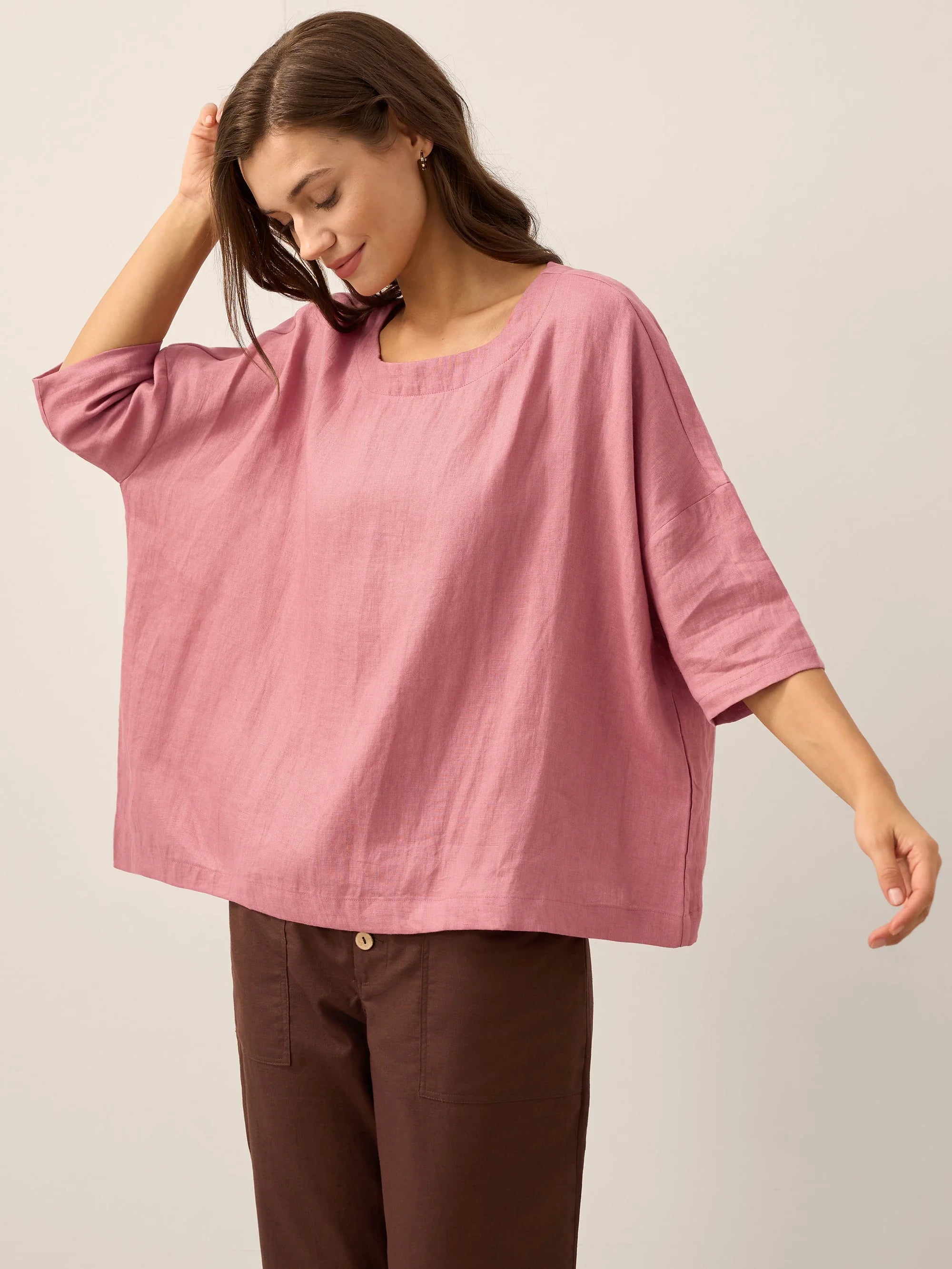 100% Linen Boatneck 3/4 Length Sleeve Top AURORA by LINTICO