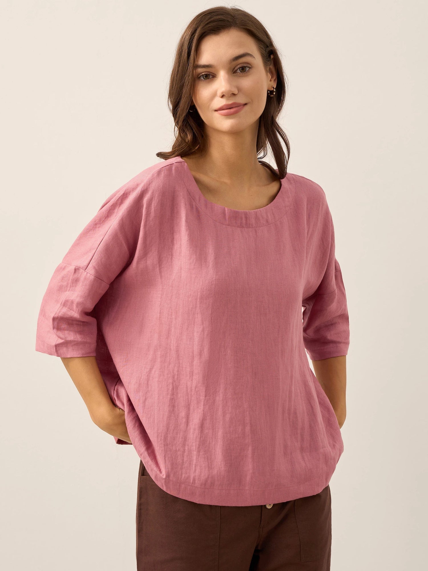 100% Linen Boatneck 3/4 Length Sleeve Top AURORA 