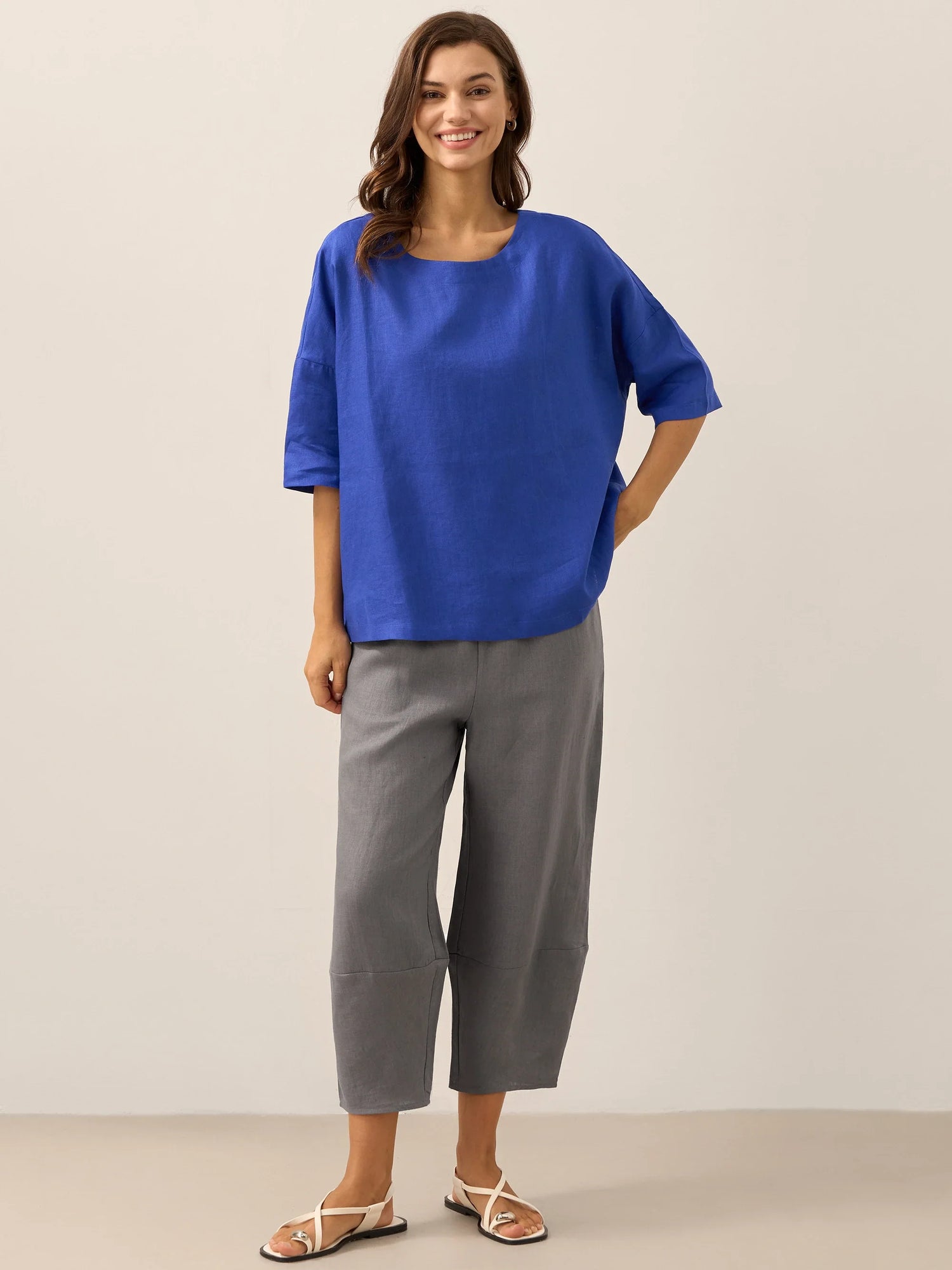 100% Linen Boatneck 3/4 Length Sleeve Top AURORA by LINTICO