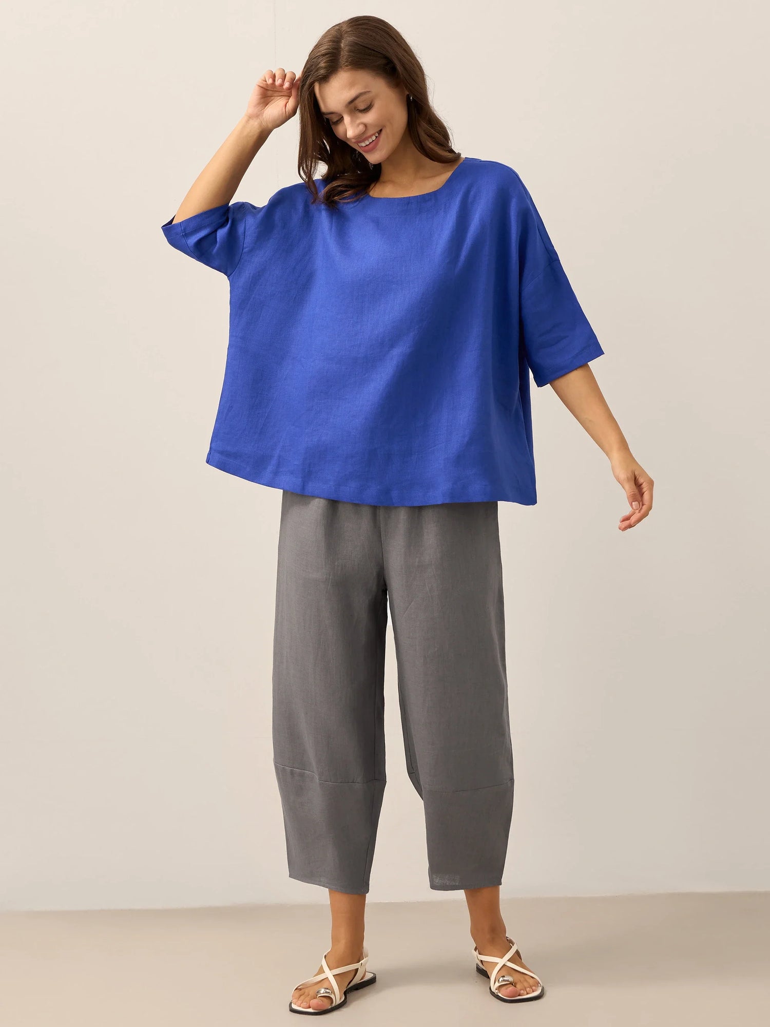 100% Linen Boatneck 3/4 Length Sleeve Top AURORA by LINTICO