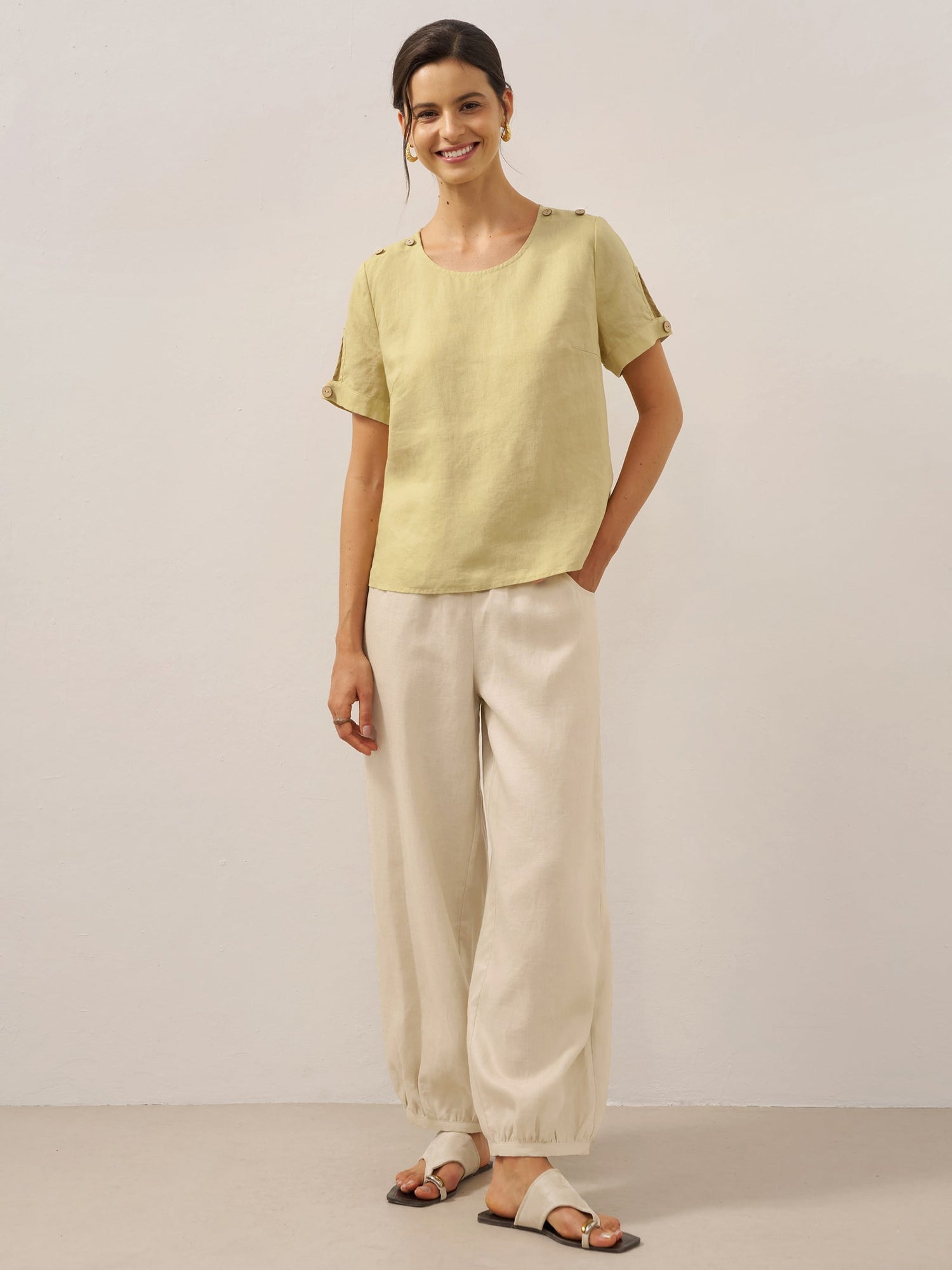 100% Linen Broad Elastic Waistband Pants TALIA by LINTICO
