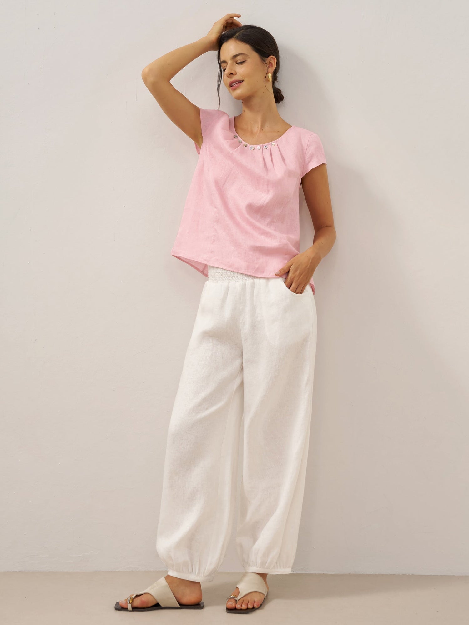 100% Linen Broad Elastic Waistband Pants TALIA by LINTICO