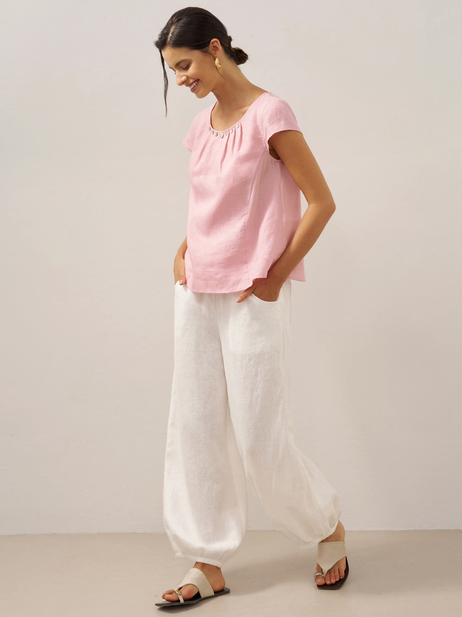 100% Linen Broad Elastic Waistband Pants TALIA by LINTICO