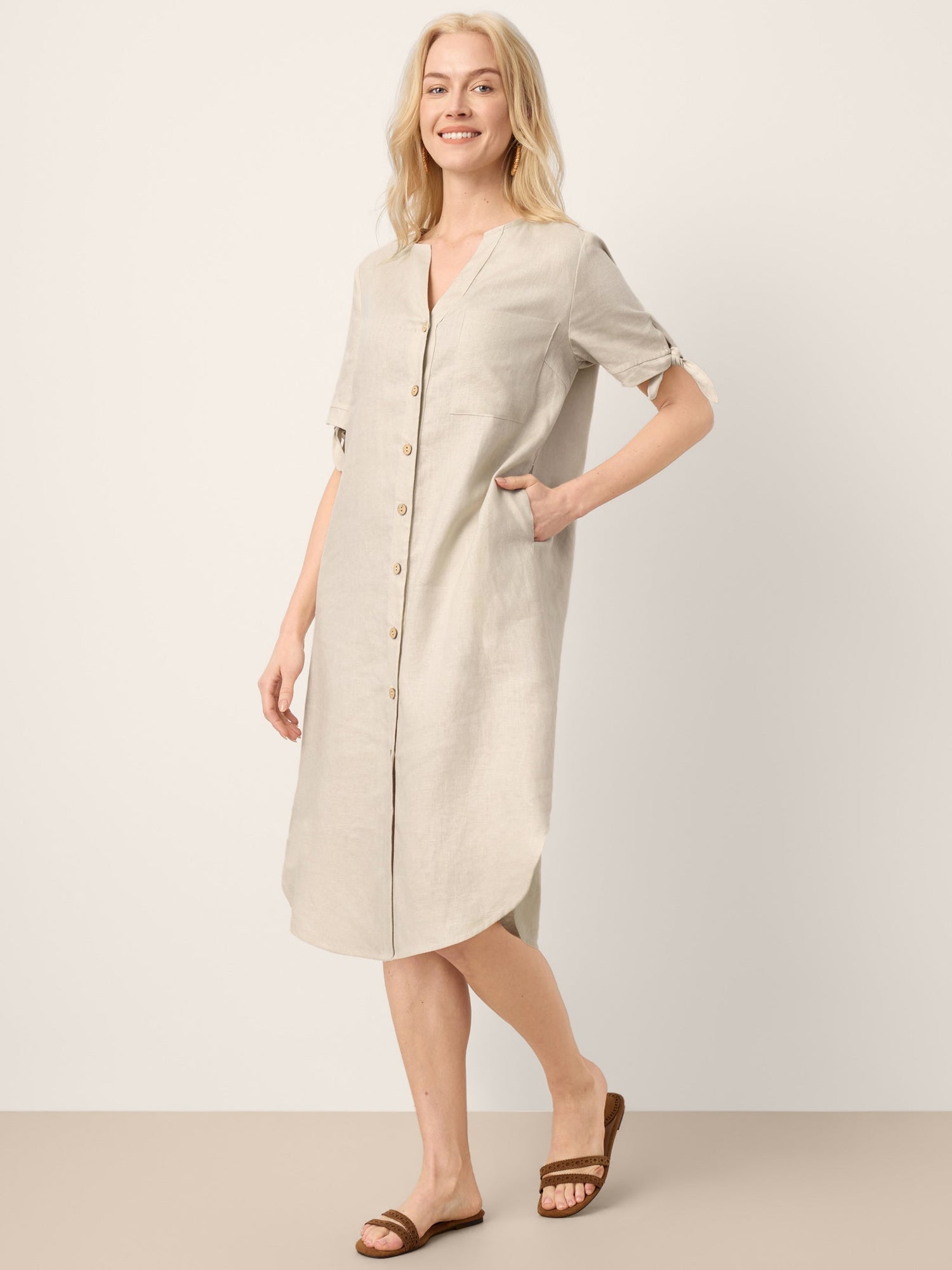 100% Linen Button-Front Tie Cuff V-Neck Shirt Dress HONORIA by LINTICO