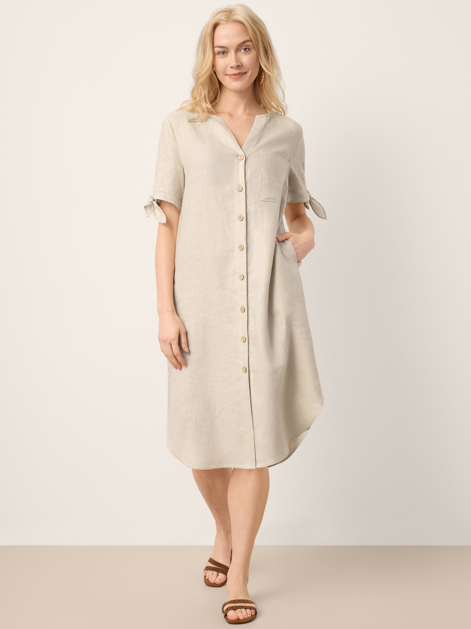 100% Linen Button-Front Tie Cuff V-Neck Shirt Dress HONORIA by LINTICO