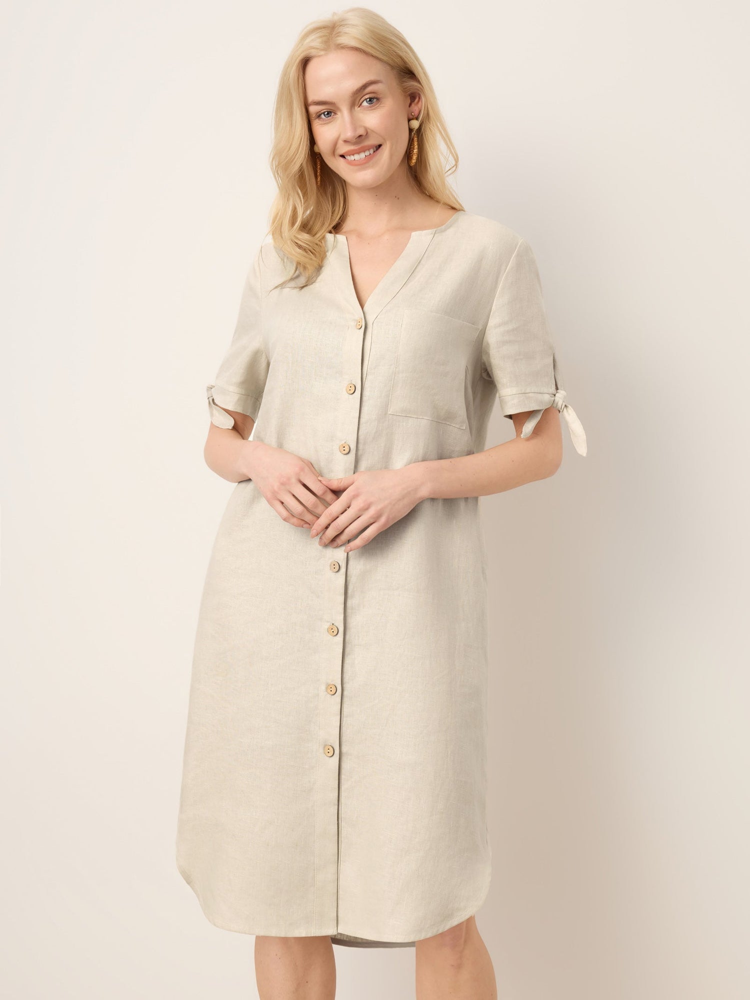 100% Linen Button-Front Tie Cuff V-Neck Shirt Dress HONORIA by LINTICO