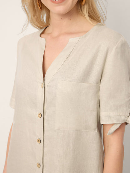 100% Linen Button-Front Tie Cuff V-Neck Shirt Dress HONORIA by LINTICO