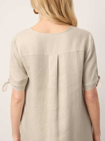 100% Linen Button-Front Tie Cuff V-Neck Shirt Dress HONORIA by LINTICO