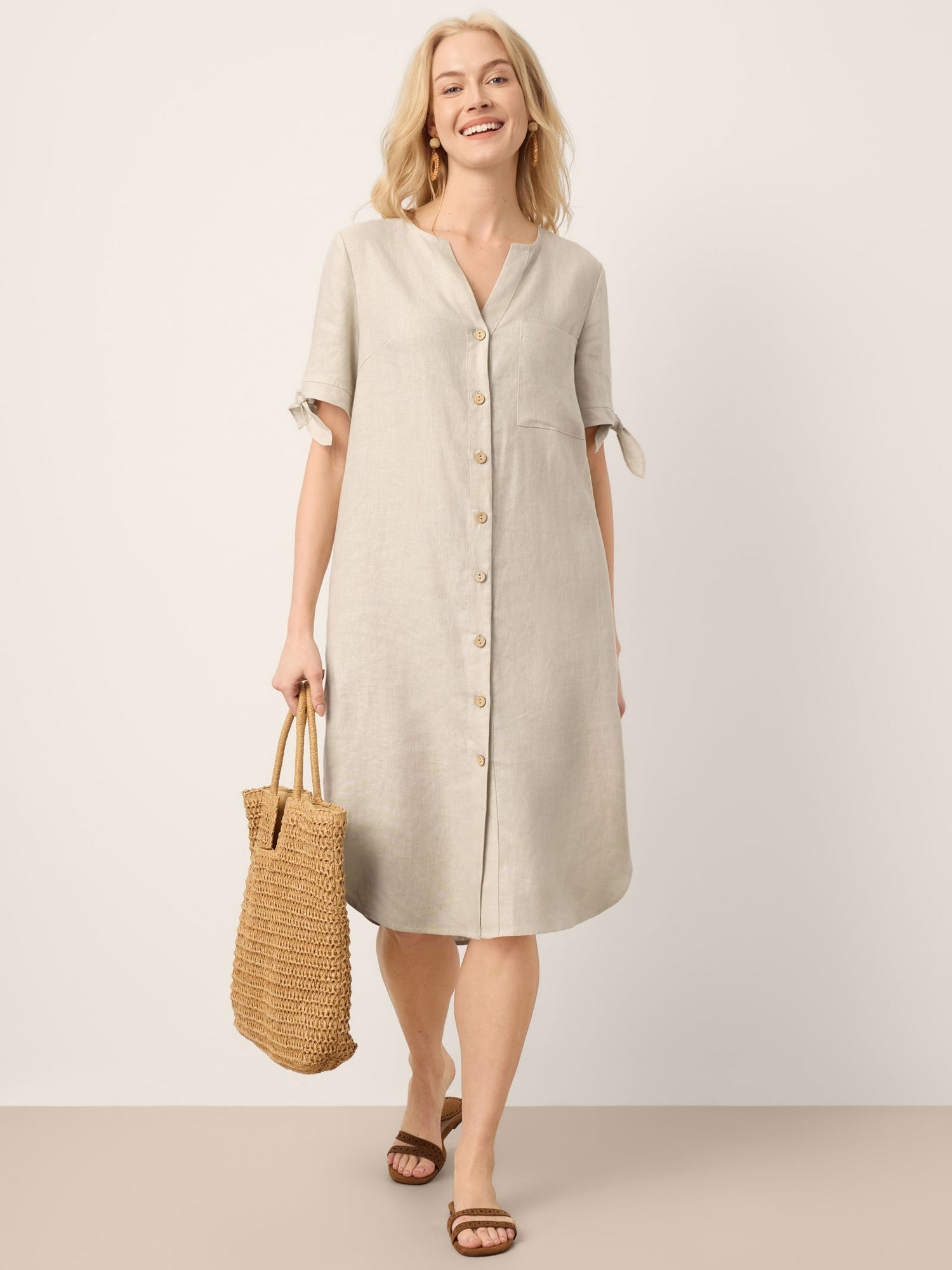 100% Linen Button-Front Tie Cuff V-Neck Shirt Dress HONORIA by LINTICO