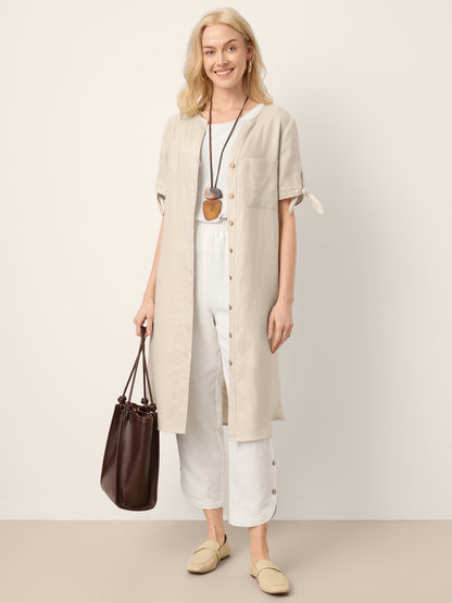 100% Linen Button-Front Tie Cuff V-Neck Shirt Dress HONORIA by LINTICO
