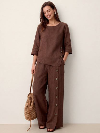 100% Linen Buttoned Slit-Hem Pants KATYA by LINTICO