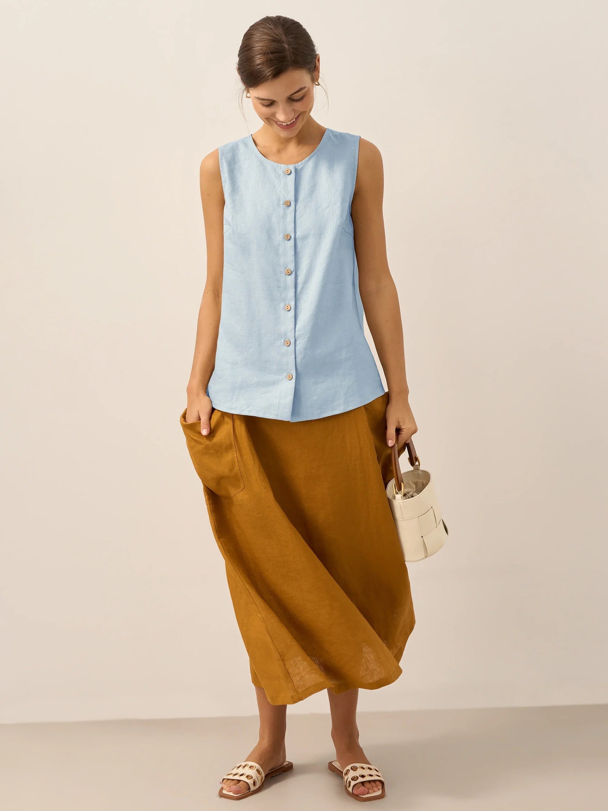 100% Linen Buttons Down Tank Top ERIN by LINTICO