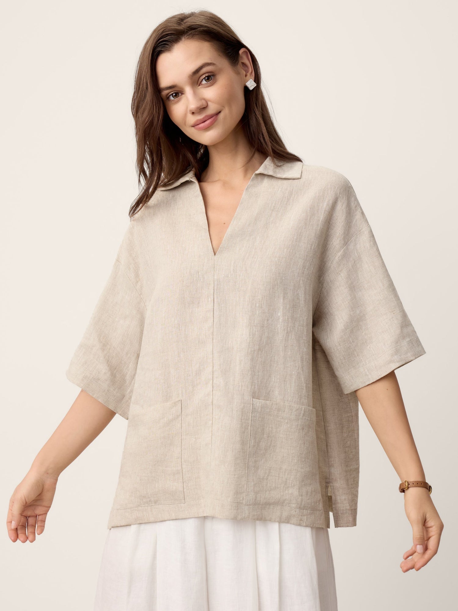 100% Linen Camp-Collar Patch-Pocket Top BRENNA by LINTICO