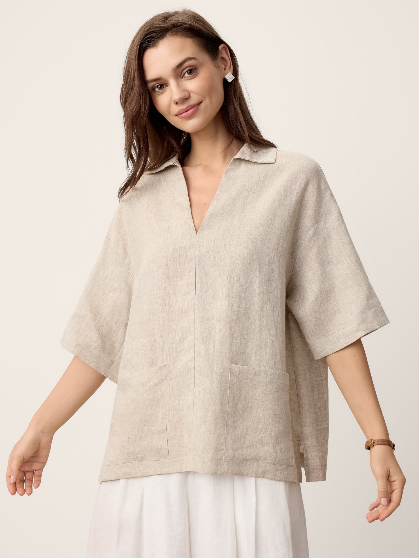 100% Linen Camp-Collar Patch-Pocket Top BRENNA by LINTICO