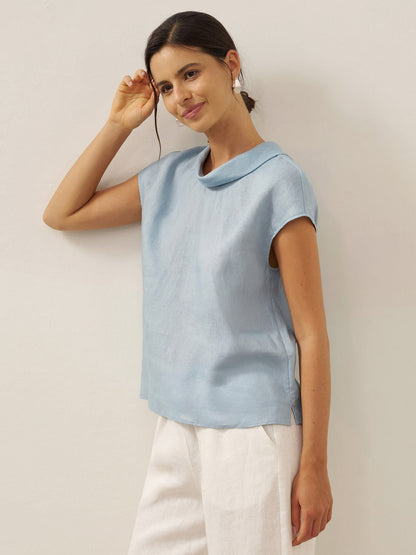 100% Linen Cap Sleeve Soft-Fold Collar Top YVONNE by LINTICO