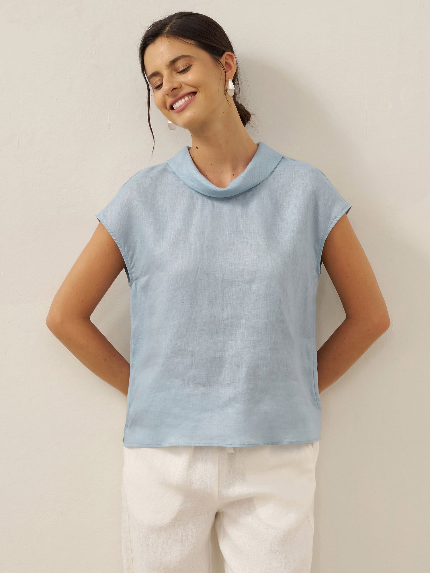 100% Linen Cap Sleeve Soft-Fold Collar Top YVONNE by LINTICO