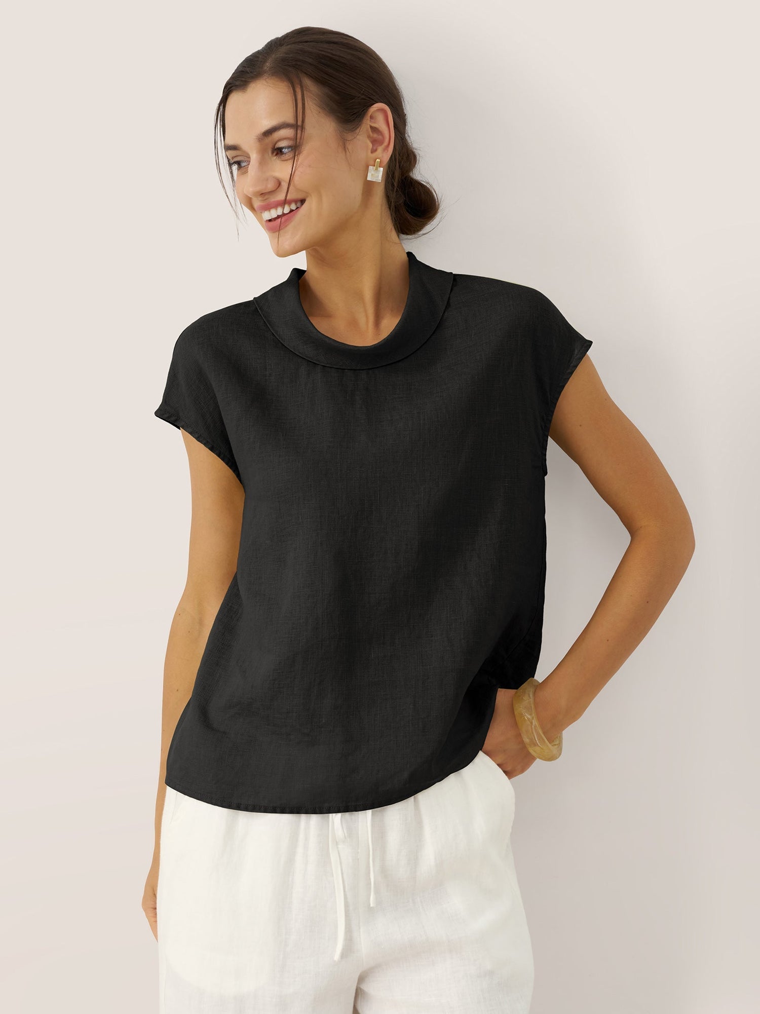100% Linen Cap Sleeve Soft-Fold Collar Top YVONNE by LINTICO