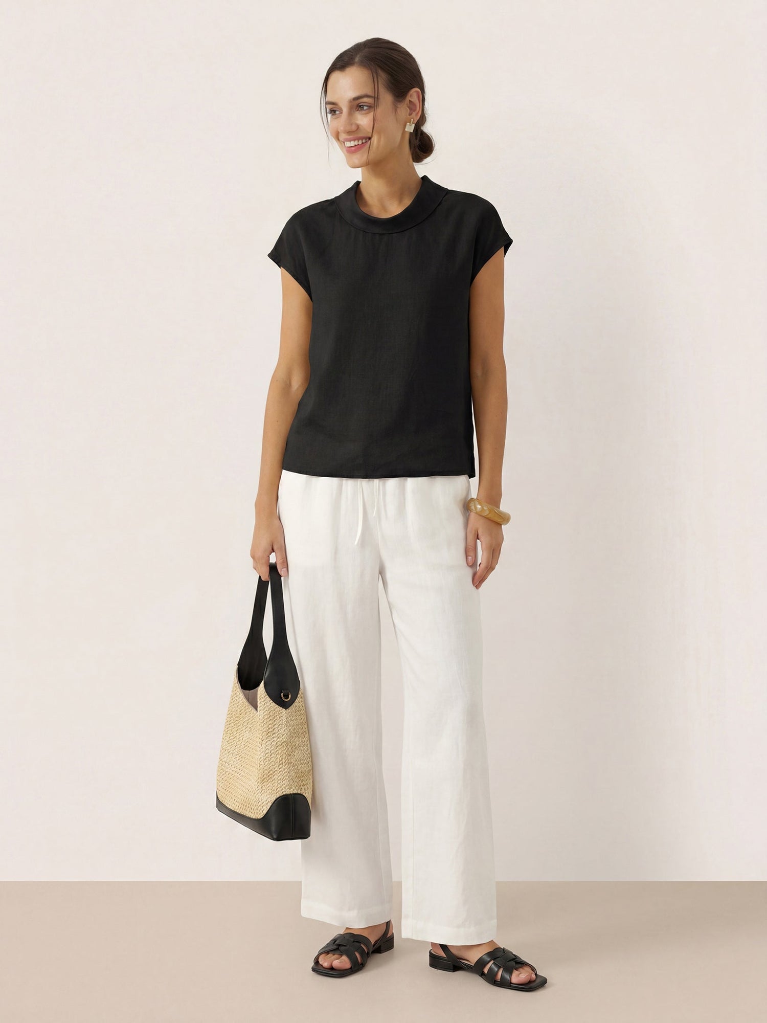 100% Linen Cap Sleeve Soft-Fold Collar Top YVONNE by LINTICO