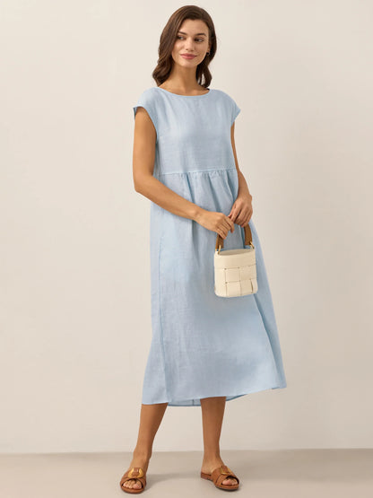 Linen Striped Cap Sleeve Washed Maxi Dress JOAN by LINTICO