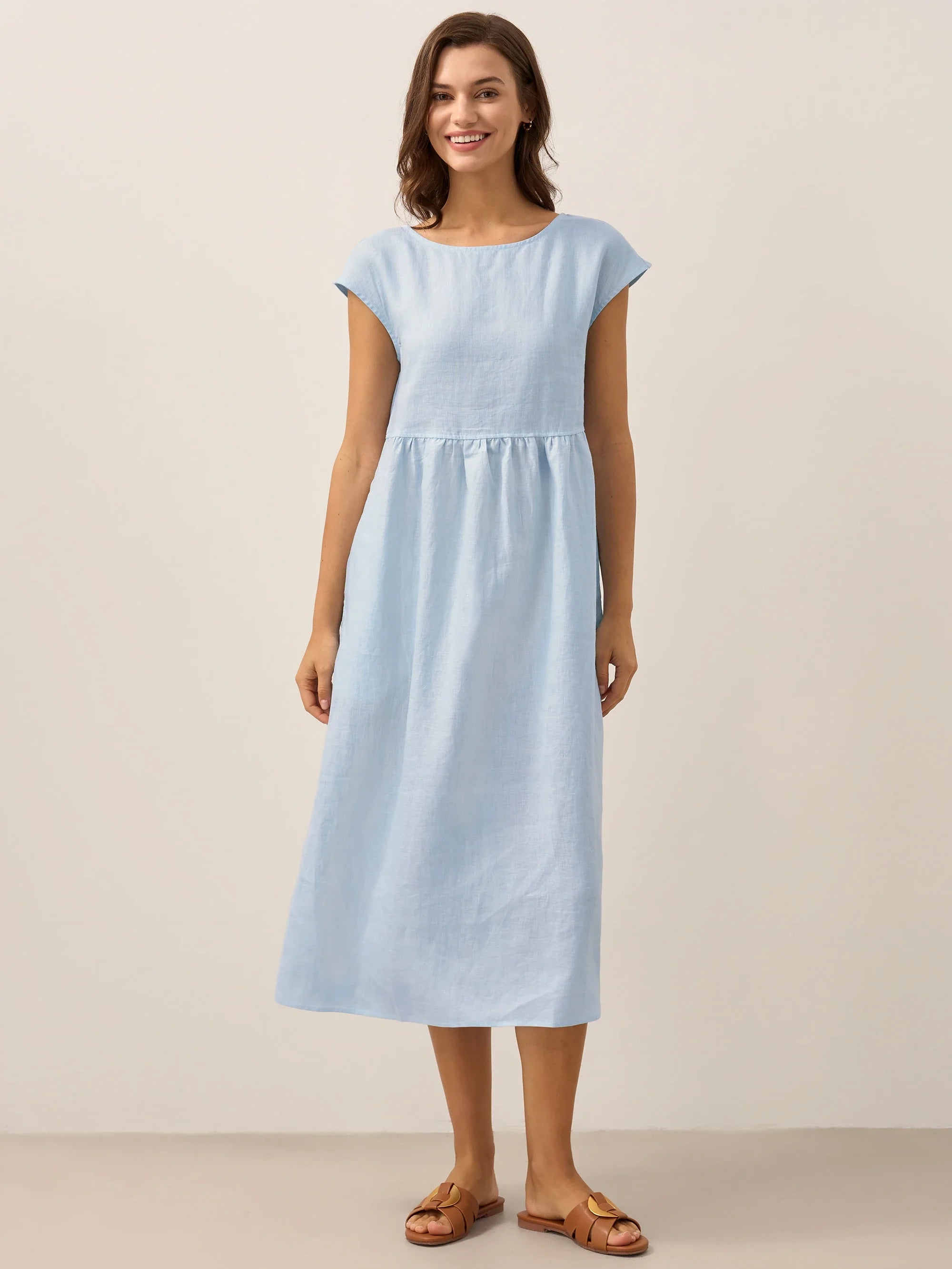 Linen Striped Cap Sleeve Washed Maxi Dress JOAN by LINTICO
