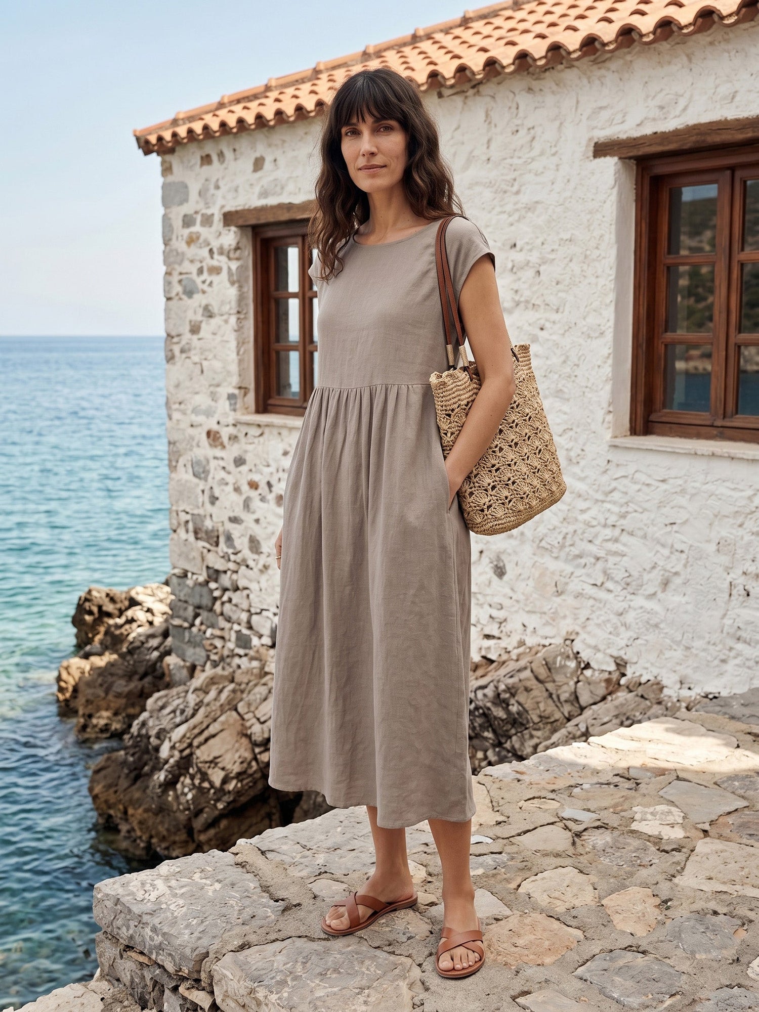 Linen Striped Cap Sleeve Washed Maxi Dress JOAN by LINTICO