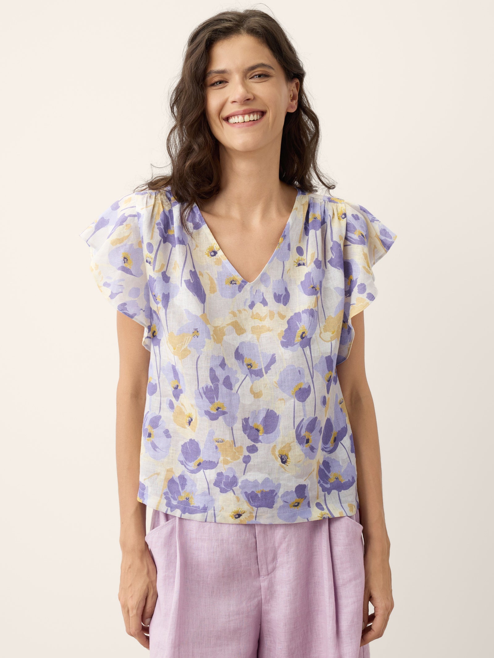 100% Linen Carnation Print Flutter Sleeve Top ELEANORA by LINTICO