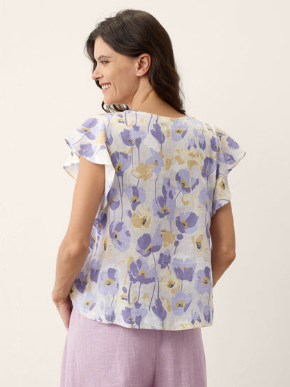 100% Linen Carnation Print Flutter Sleeve Top ELEANORA by LINTICO
