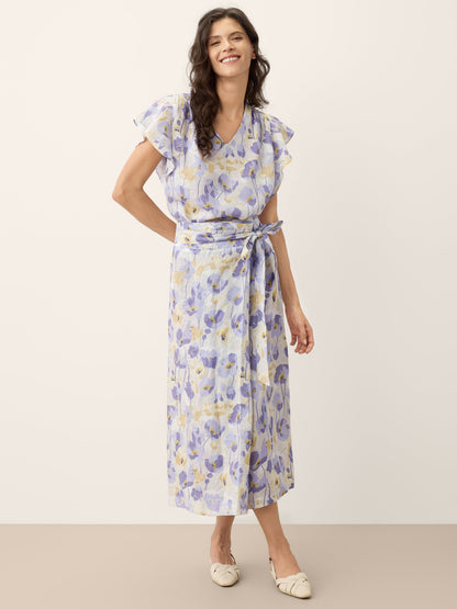100% Linen Carnation Print Flutter Sleeve Top ELEANORA by LINTICO
