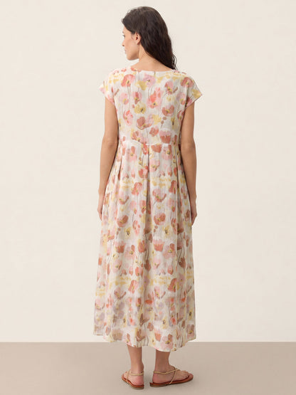 100% Linen Carnation Print Scalloped Waist Maxi Dress HARRIET by LINTICO