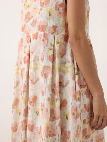 100% Linen Carnation Print Scalloped Waist Maxi Dress HARRIET by LINTICO