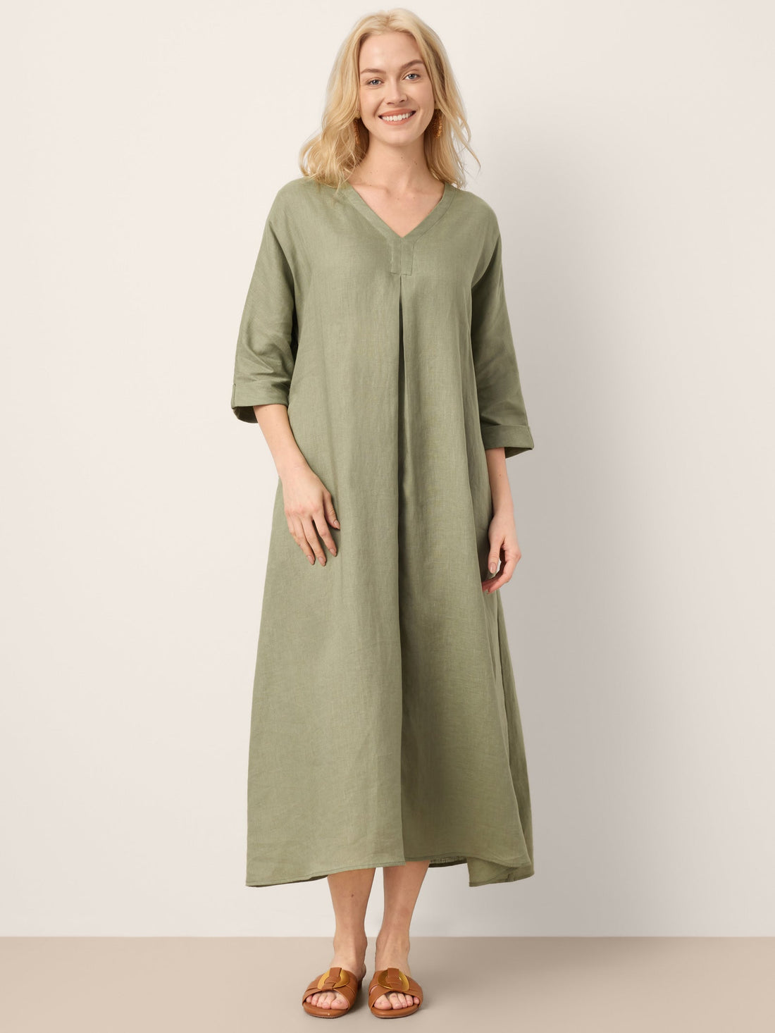 100% Linen Center Pleat V-Neck Cuffed Sleeve Maxi Dress ZENOBIA by LINTICO