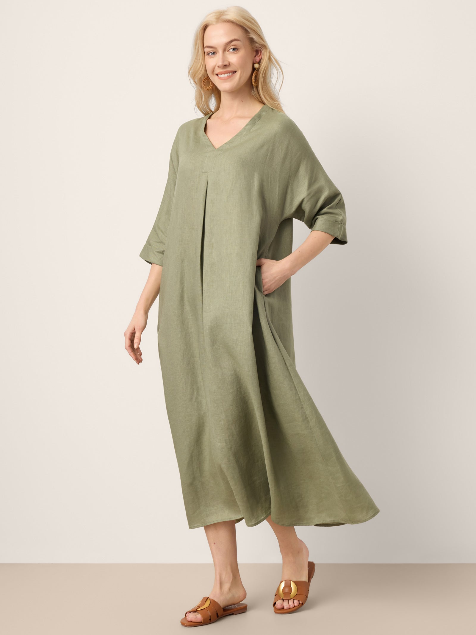 100% Linen Center Pleat V-Neck Cuffed Sleeve Maxi Dress ZENOBIA by LINTICO
