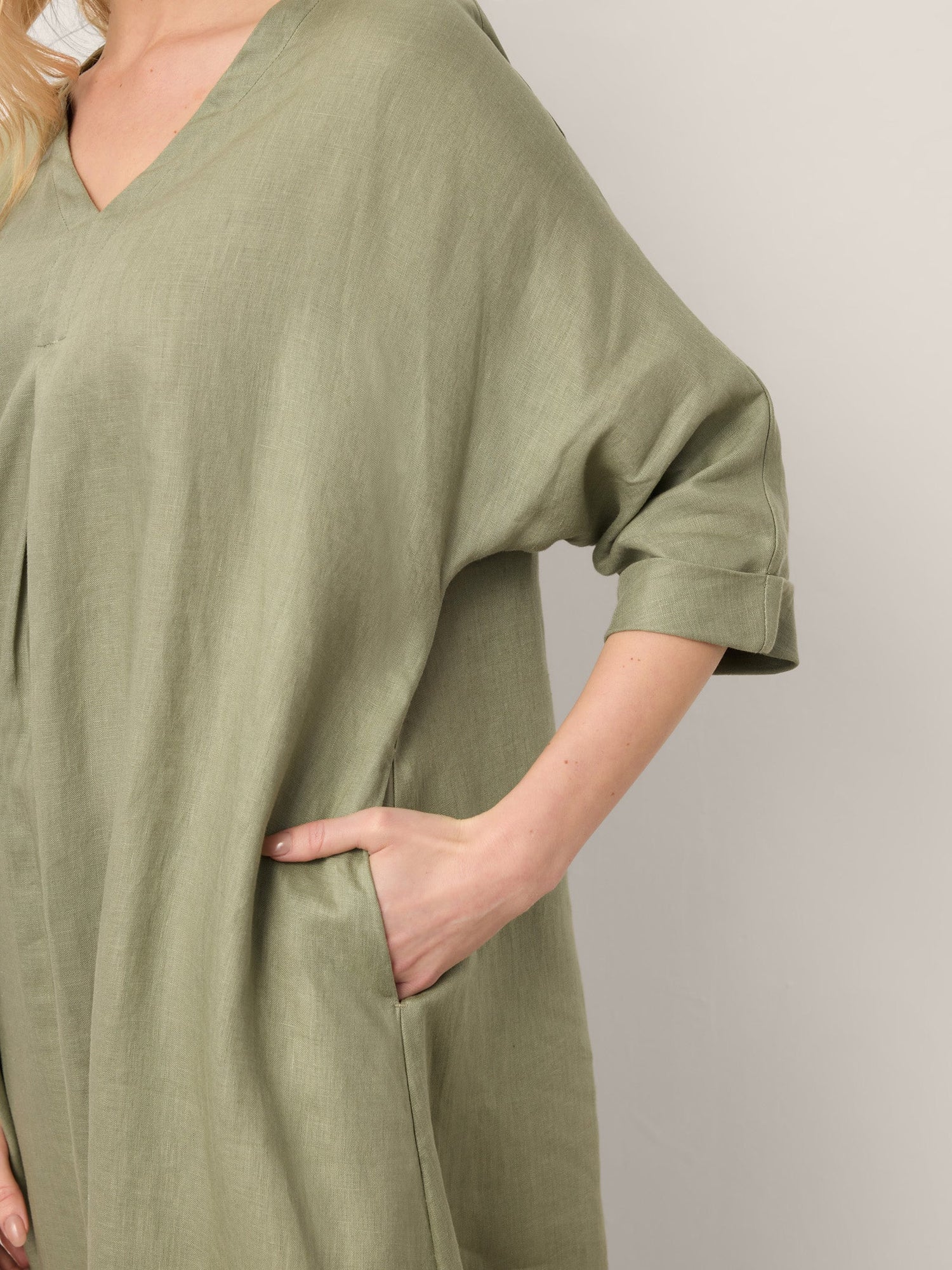100% Linen Center Pleat V-Neck Cuffed Sleeve Maxi Dress ZENOBIA by LINTICO