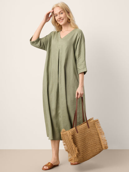100% Linen Center Pleat V-Neck Cuffed Sleeve Maxi Dress ZENOBIA by LINTICO