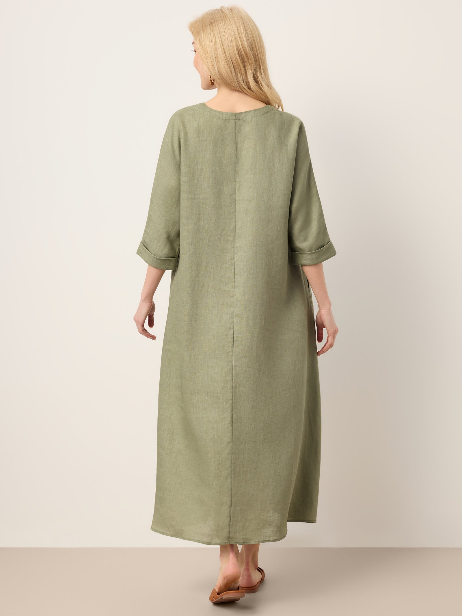 100% Linen Center Pleat V-Neck Cuffed Sleeve Maxi Dress ZENOBIA by LINTICO