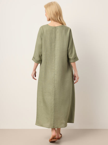 100% Linen Center Pleat V-Neck Cuffed Sleeve Maxi Dress ZENOBIA by LINTICO