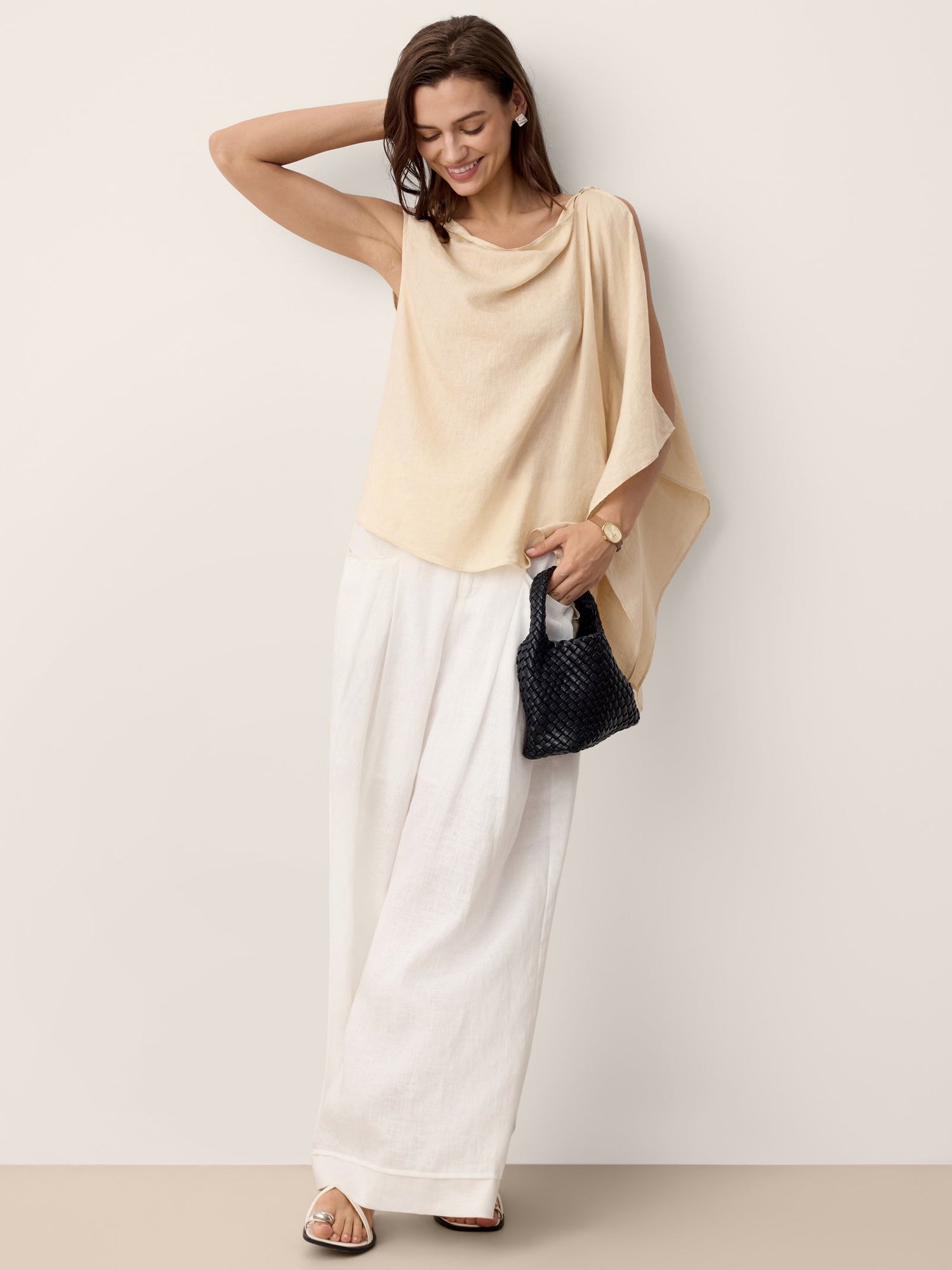100% Linen Cowl-Neck Asymmetric Top LEVINA by LINTICO