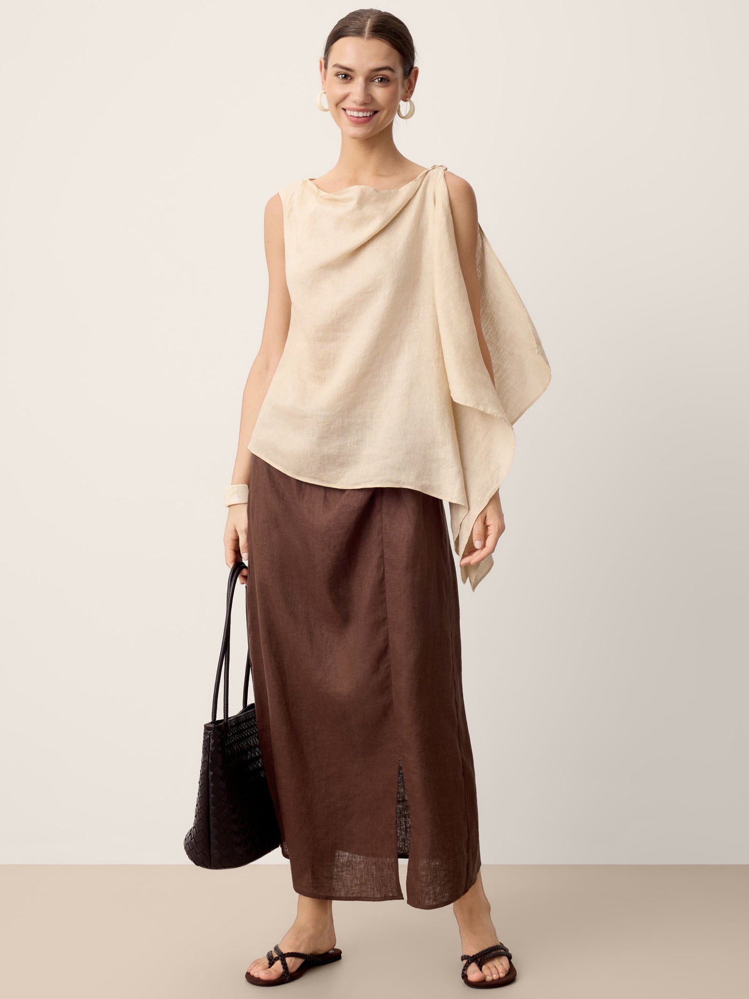 100% Linen Cowl-Neck Asymmetric Top LEVINA by LINTICO