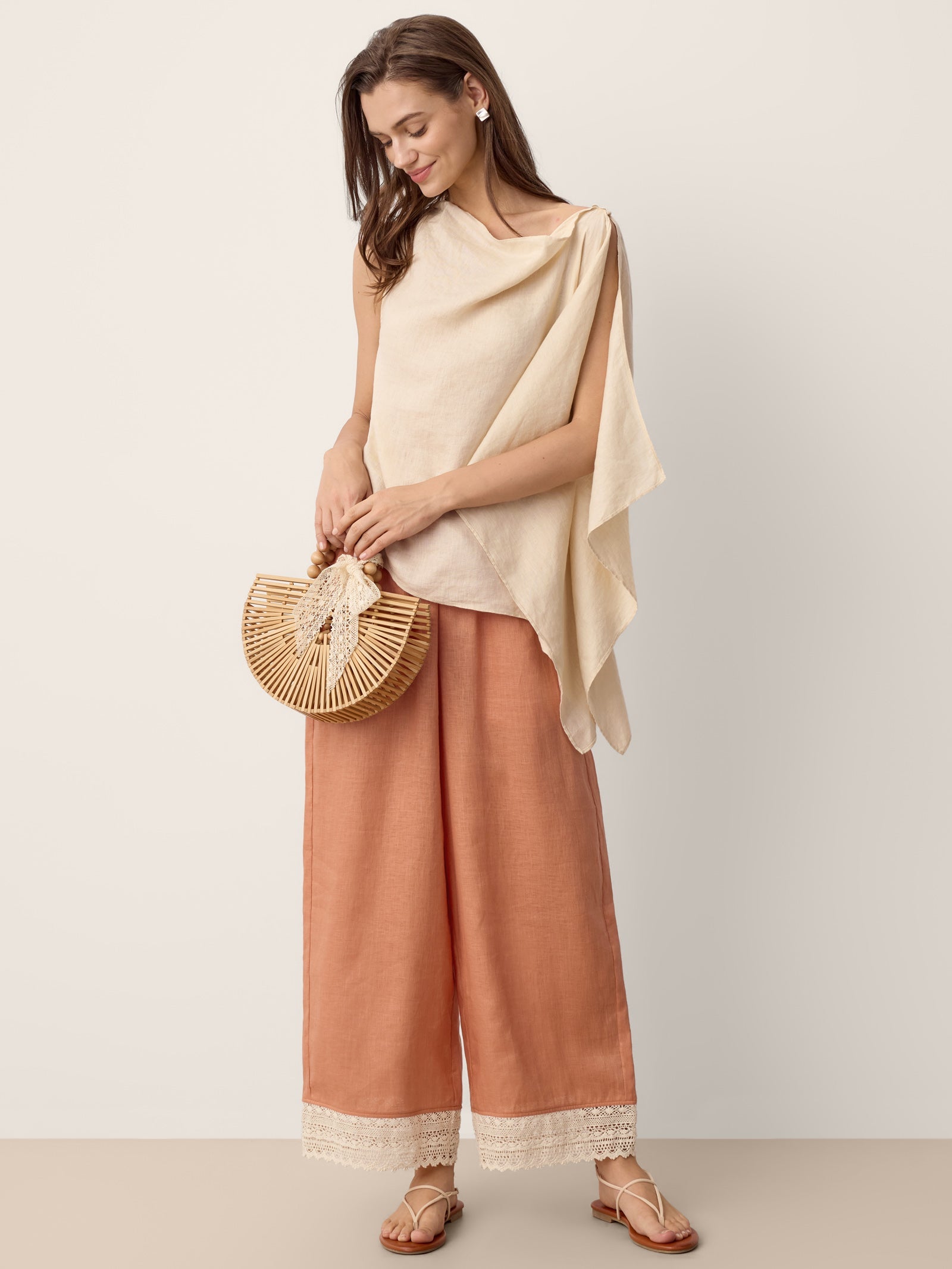 100% Linen Cowl-Neck Asymmetric Top LEVINA by LINTICO